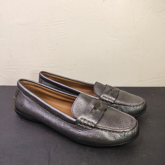 Coach Penny Loafers Womens Size 7.5 Pewter Metallic Pebbled Leather Moc - Picture 1 of 16